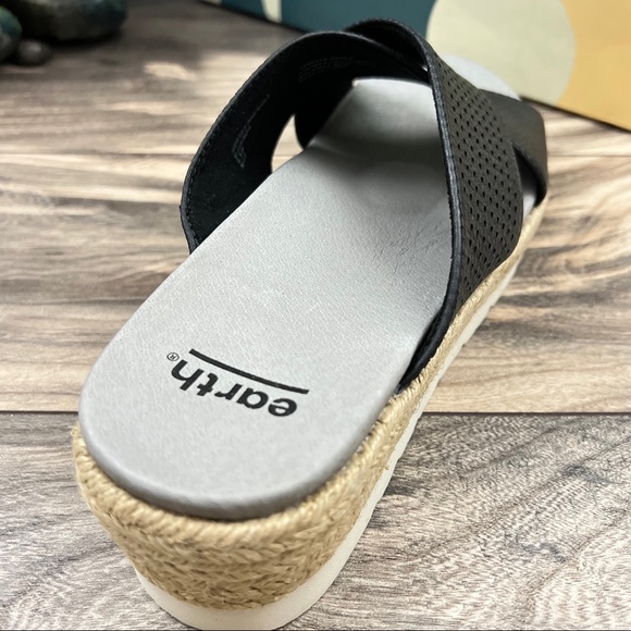 Earth Modena Marigold Espadrille Platform Wedge Slide Sandal 8.5M Black Leather - Picture 8 of 11